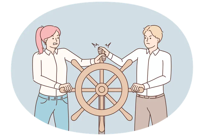 Colleagues steer ship wheel in different directions  Illustration