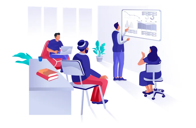 Colleagues watch presentation in office Illustration