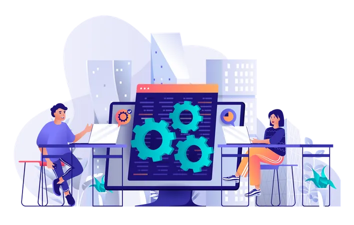 Developers Team Concept In Flat Design Colleagues Work Together At Project Scene Template Man And Woman Develop Setting Testing Tech Support Vector Illustration Of People Characters Activities Illustration