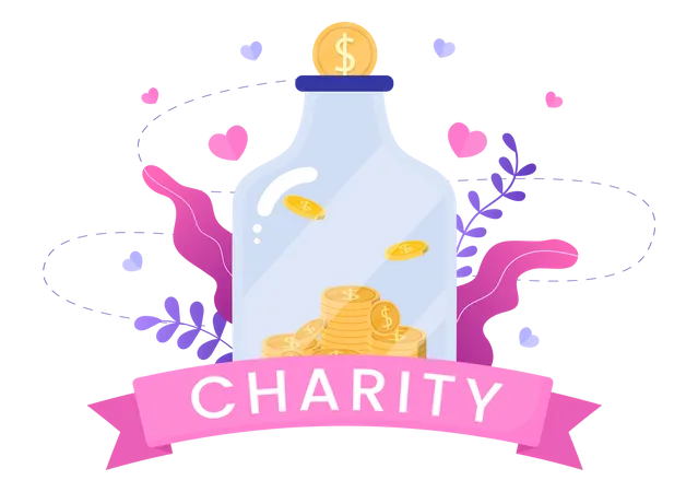 Collecting donation funds into glass jar  イラスト