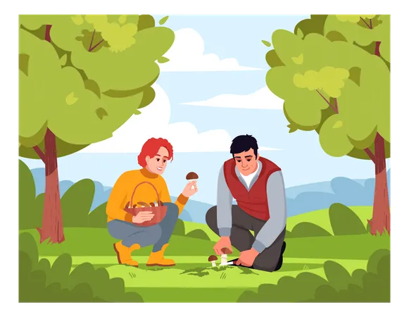 Collecting Mushrooms In Woods Semi Flat Vector Illustration Autumn Harvest In Forest Collect Fresh Crop In Countryside Female And Male Farmers 2 D Cartoon Characters For Commercial Use Illustration