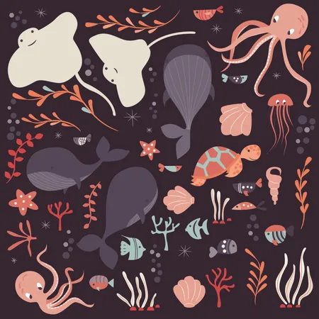 Collection of colorful sea and ocean animals, whale, octopus, stingray, jellyfish, turtle, coral Illustration