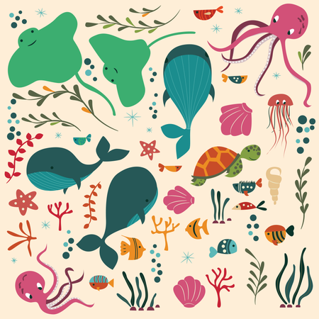 Collection of colorful sea and ocean animals, whale, octopus, stingray, jellyfish, turtle, coral  Illustration