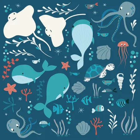 Collection of colorful sea and ocean animals, whale, octopus, stingray, jellyfish, turtle, coral  Illustration
