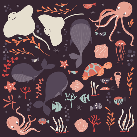 Collection of colorful sea and ocean animals, whale, octopus, stingray, jellyfish, turtle, coral  Illustration