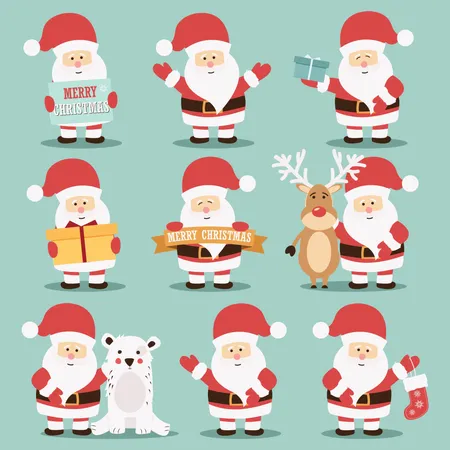 Collection Of Cute Santa Claus Characters With Reindeer Bear And Gifts Vector Illustration Illustration