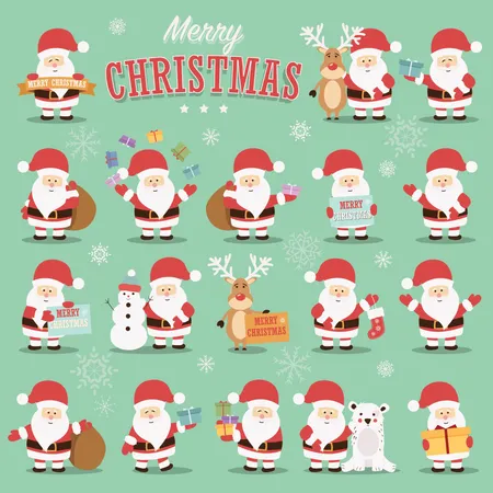 Collection of cute Santa Claus characters with reindeer, bear, snowman and gifts  Illustration