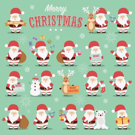 Collection of cute Santa Claus characters with reindeer, bear, snowman and gifts  Illustration