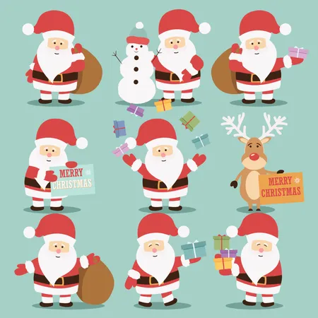 Collection of cute Santa Claus characters with reindeer, snowman and gifts  Illustration