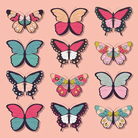Collection of twelve colorful hand drawn butterflies, pink background  Illustration