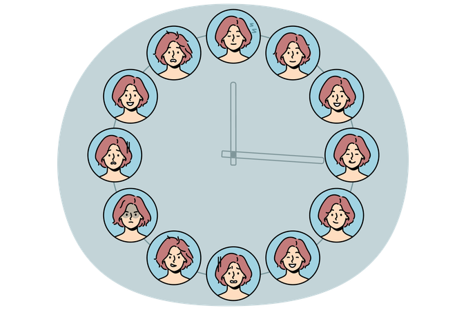 Collection of woman emotions on huge clock  Illustration