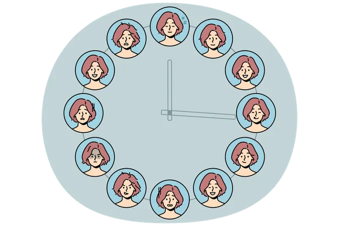 Collection of woman emotions on huge clock  Illustration