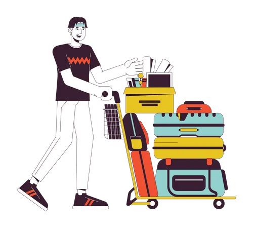 College Freshman With Belongings Flat Line Vector Spot Illustration College Kid With Luggage 2 D Cartoon Outline Character On White For Web UI Design Moving To Dorm Editable Isolated Color Hero Image Illustration