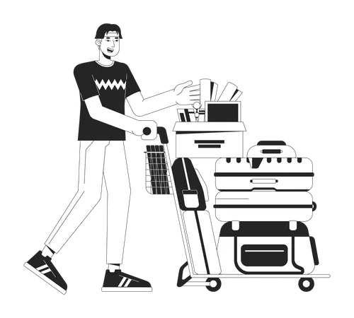 College Freshman With Belongings Bw Vector Spot Illustration College Kid With Bags 2 D Cartoon Flat Line Monochromatic Character For Web UI Design Moving To Dorm Editable Isolated Outline Hero Image Illustration