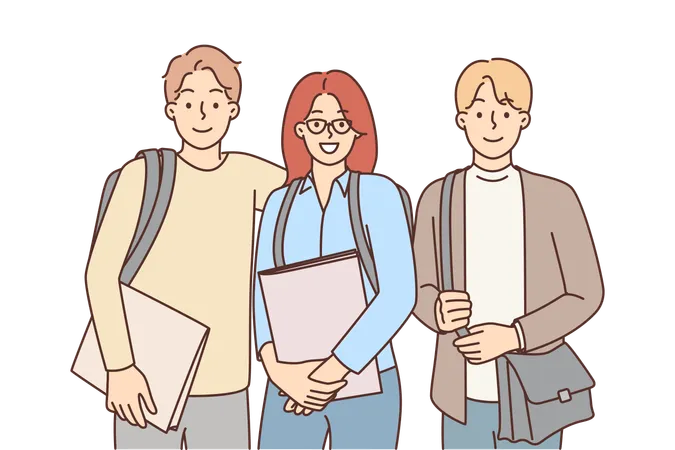 College Friends With Backpacks And Workbooks Smiling Looking At Camera For Group Photo With Friends Two Men And Woman Enjoy Spending Time Together After Class On College Or University Campus Illustration