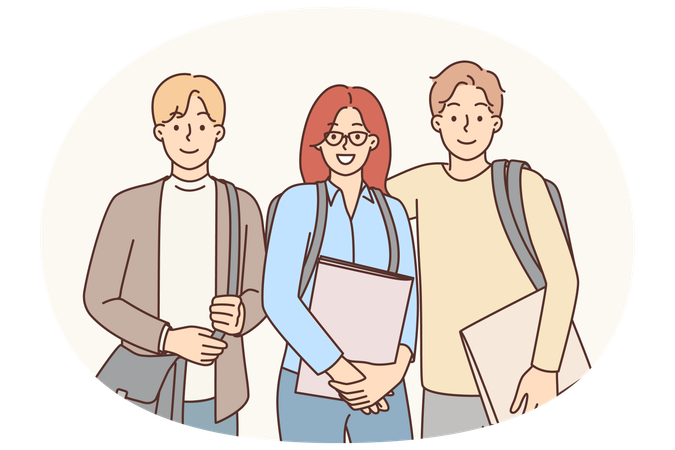 College friends with backpacks and workbooks smiling looking at camera for group photo with friends  Illustration