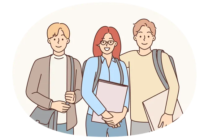 College friends with backpacks and workbooks smiling looking at camera for group photo with friends  Illustration
