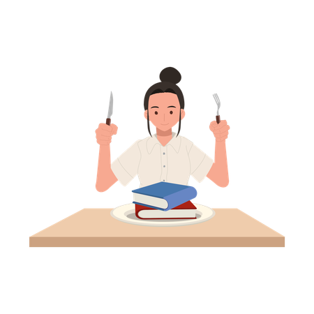 College Life in Thailand Student in Uniform with Cutlery and Knowledge Book  Illustration