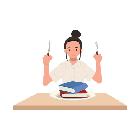 College Life in Thailand Student in Uniform with Cutlery and Knowledge Book  Illustration