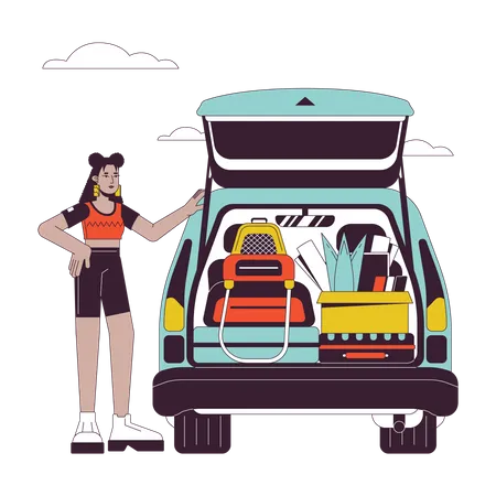 College Student Car Flat Line Vector Spot Illustration Latina Freshman Girl Loading Car Trunk 2 D Cartoon Outline Character On White For Web UI Design Road Trip Editable Isolated Color Hero Image Illustration