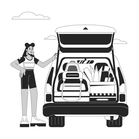College Student Car Bw Vector Spot Illustration Latina Freshman Girl Loading Car Trunk 2 D Cartoon Flat Line Monochromatic Character For Web UI Design Road Trip Editable Isolated Outline Hero Image Illustration