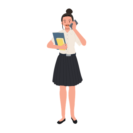 College Student Thai University Student in Uniform Holding Books and talking on the phone  Illustration