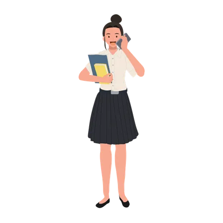 College Student Thai University Student in Uniform Holding Books and talking on the phone  Illustration