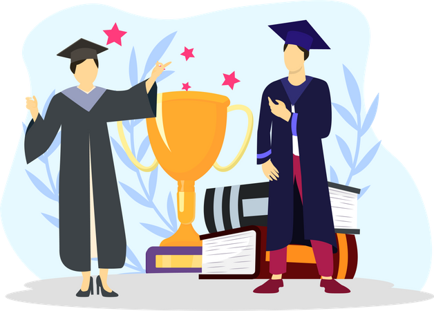 College students getting graduation trophy  Illustration