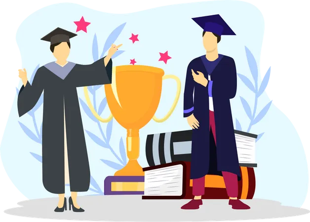 College students getting graduation trophy  Illustration