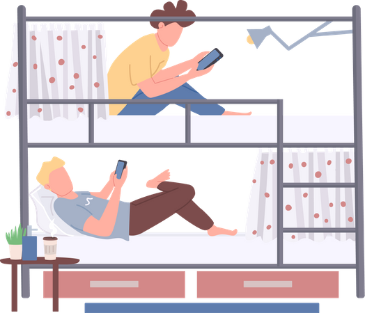 College students sharing bunk bed  Illustration