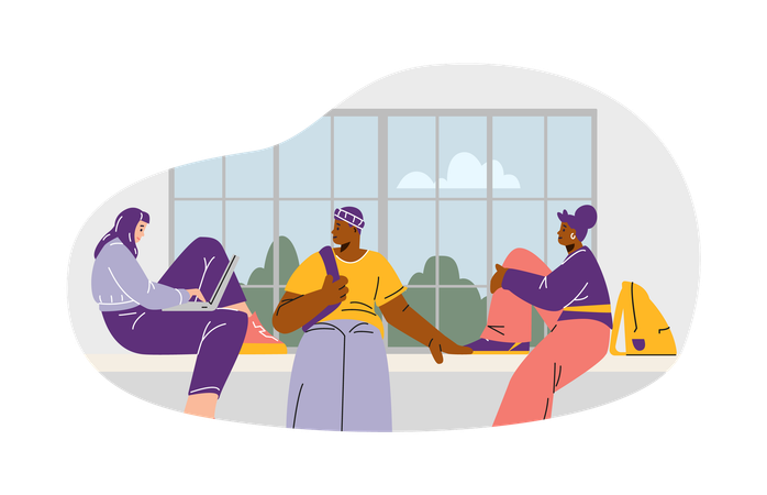 College students studying and interacting in relaxed  Illustration
