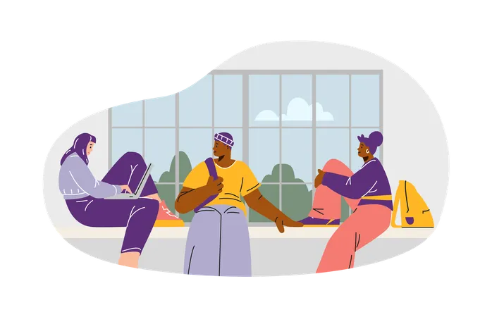 College students studying and interacting in relaxed  Illustration