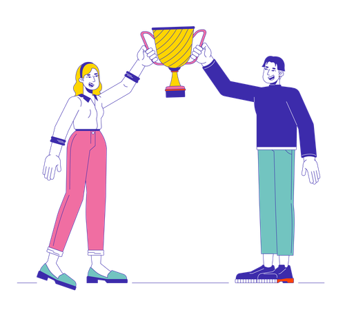 Colleghi multietnici che sollevano il trofeo del campione  Illustration