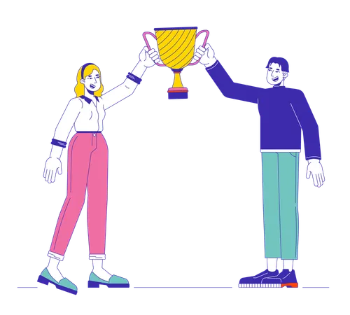 Colleghi multietnici che sollevano il trofeo del campione  Illustration