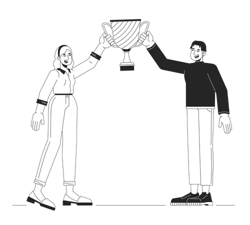 Des collègues multiethniques brandissent le trophée du champion  Illustration