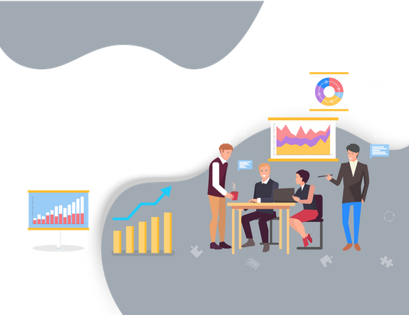 Les collègues travaillent avec des indicateurs statistiques  Illustration