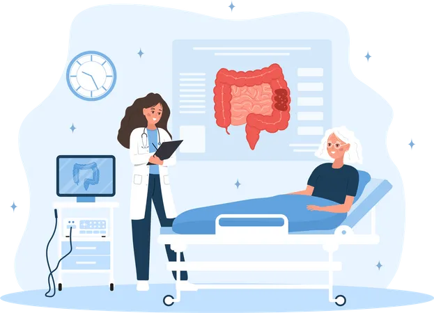 Colonoscopy Concept Female Proctologist Examine Intestine Elderly Woman Is Being Examined In Hospital Vector Illustration In Flat Cartoon Style Colon Health Prevention Of Cancer Illustration