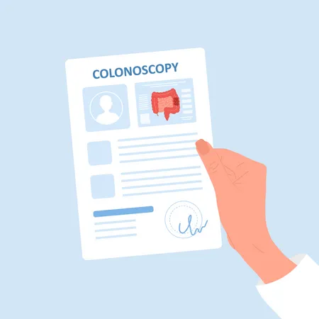 Colonoscopy Concept Female Hand Holding Results Of Examine Intestine Vector Illustration In Flat Cartoon Style Colon Health Prevention Of Cancer Illustration