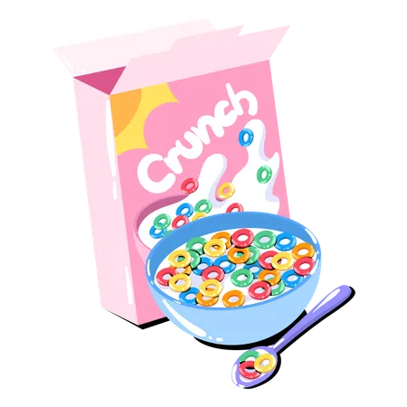 Kick Start Your Morning With A Bowl Of Colorful Breakfast Cereal Accompanied By A Delightful Crunch Ideal For A Nutritious And Fun Start To The Day Illustration