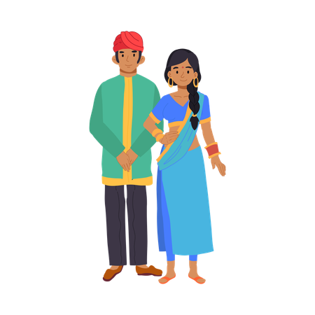 Colorful indian couple in saree and kurta. indian couple in traditional dress standing together  Illustration