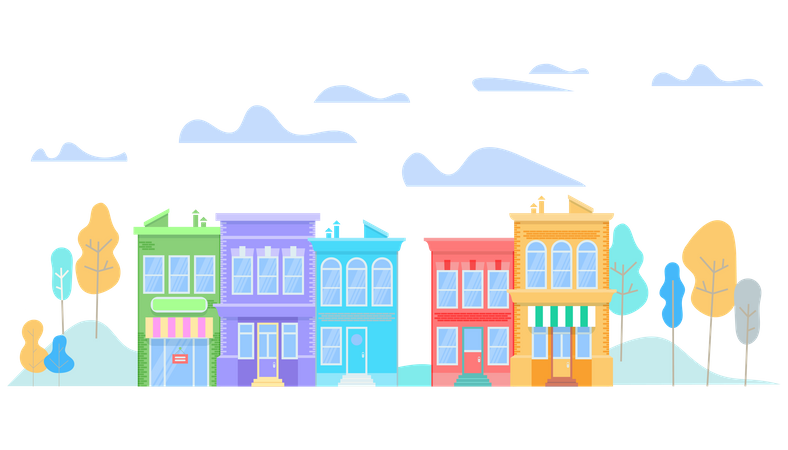 Coloridos edificios modernos y amigables se encuentran en bruto  Ilustración