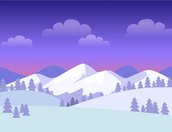 Colourful Greeting Card With Mountains Covered With White Snow Vector Cartoon Illustration Of Amazing Evening Town And Many Spruces On Hills Blue Violet Sky With Clouds And Stars In Flat Design Illustration