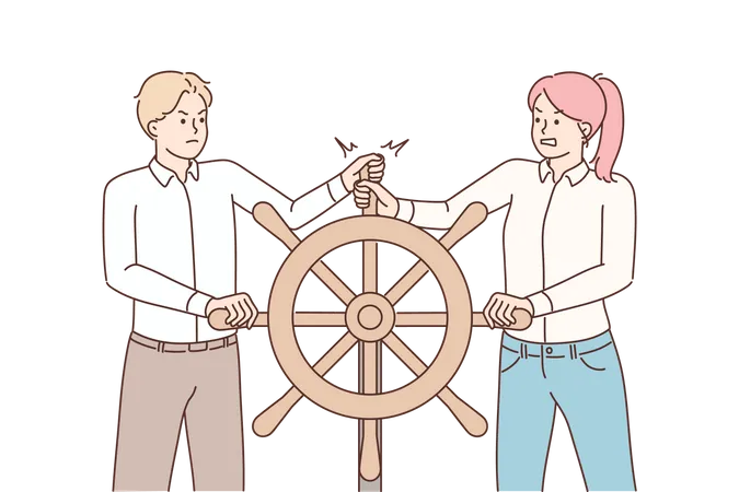 Un couple se bat pour conduire un bateau  Illustration