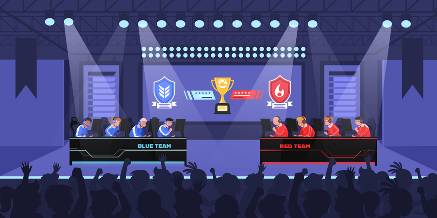 L'équipe bleue et l'équipe rouge se battent dans un jeu de cyber-guerre pour les trophées  Illustration