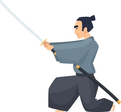 Homme de combat asiatique tenant le katana  Illustration