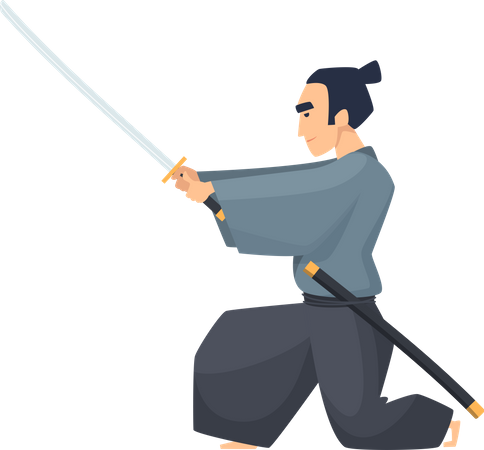 Homme de combat asiatique tenant le katana  Illustration