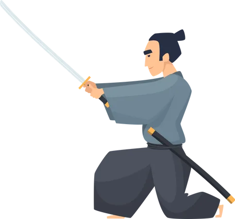 Homme de combat asiatique tenant le katana  Illustration