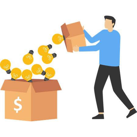 Combining tons of money making ideas in a box  Illustration