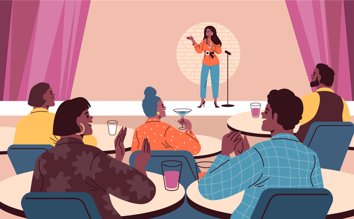 マイクを持ったコメディアンの女性が人々の前でスタンドアップコメディを披露する  イラスト