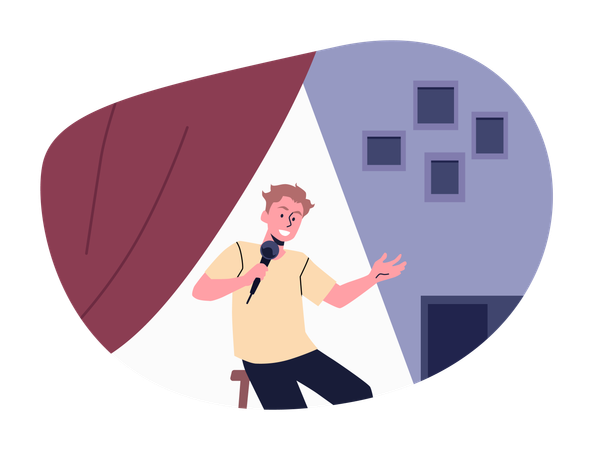 Comedian with microphone perform stand-up comedy live show sitting on the stool  Illustration